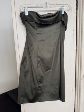 Aritzia Olive Green Strapless Satin Cocktail Dress